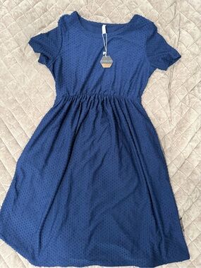 Pink Blush Maternity Dress. Navy Textured Dot Short Sleeve Dress